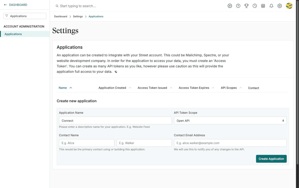 The Create new application form with the API Token Scope set to Open API