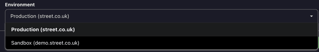 The environment list open, showing Production and Sandbox