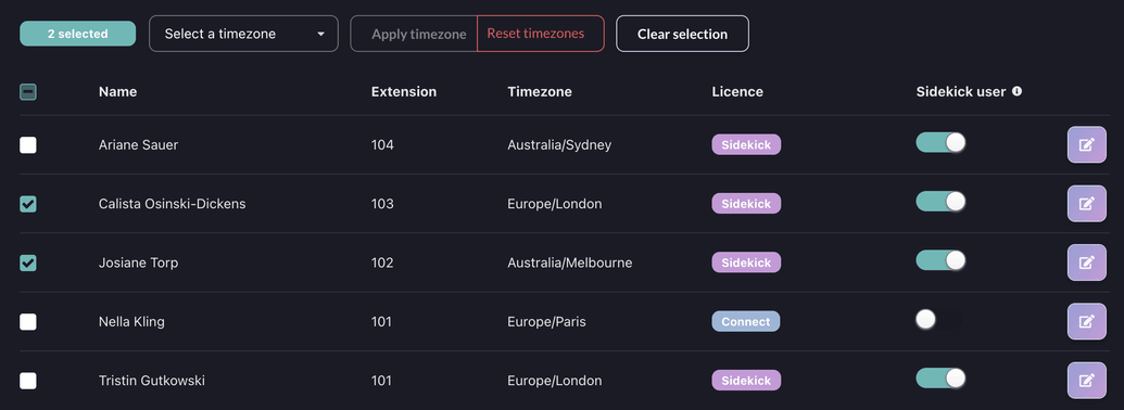 Sidekick user timezones bulk editing