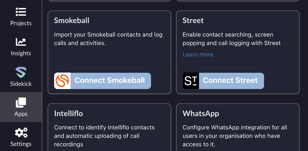 The Street card on the Connect Apps screen, with Apps selected in the left-hand menu