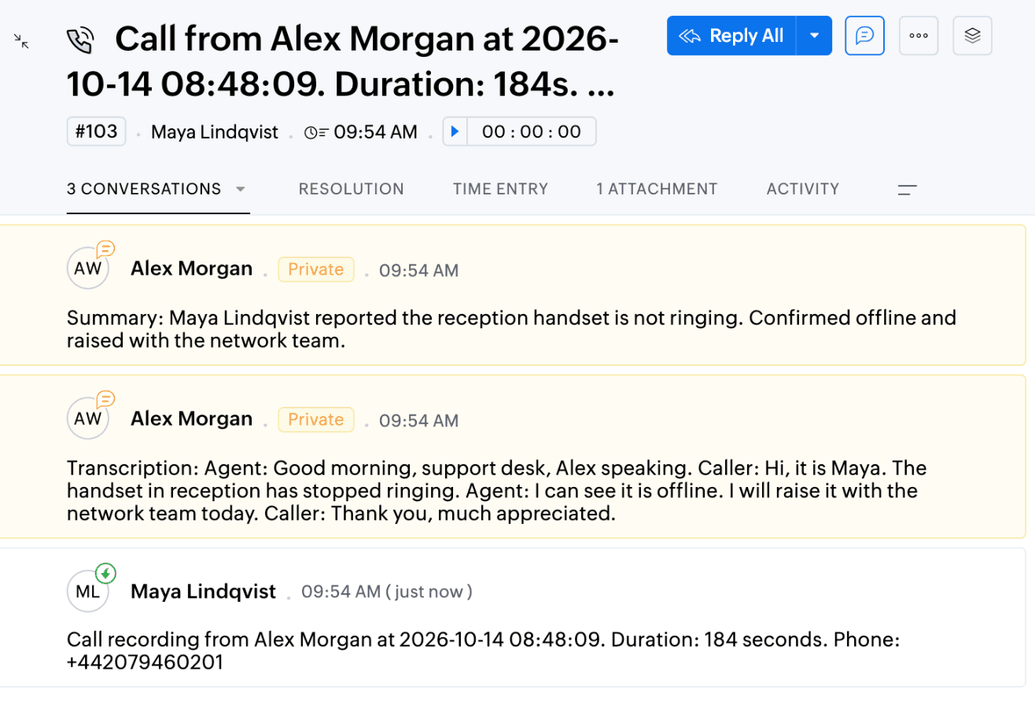 A Zoho Desk ticket holding the recording and the transcript