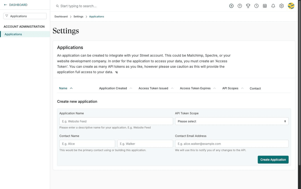 The Applications page in Street settings, reached from Account Administration