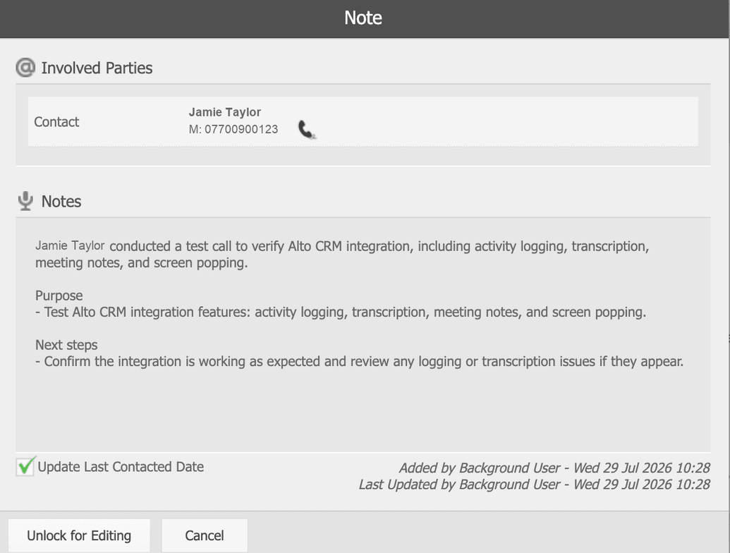 A Sidekick meeting-notes summary posted as a note on an Alto contact