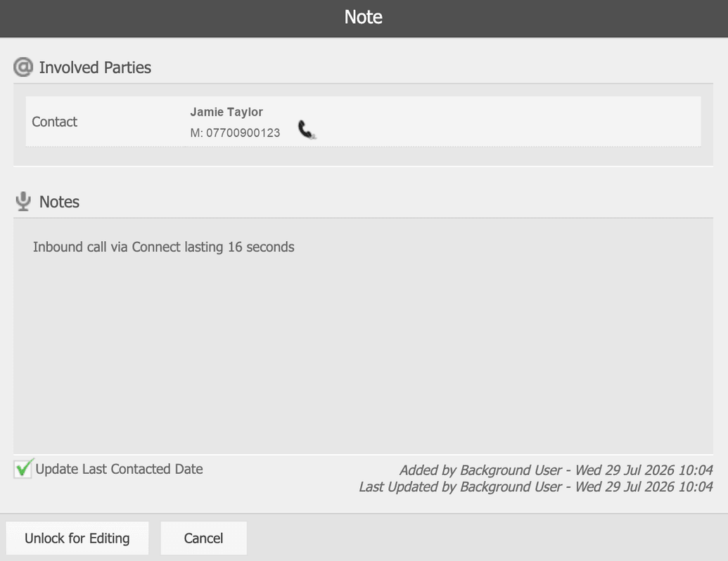 A call note Connect added to an Alto contact