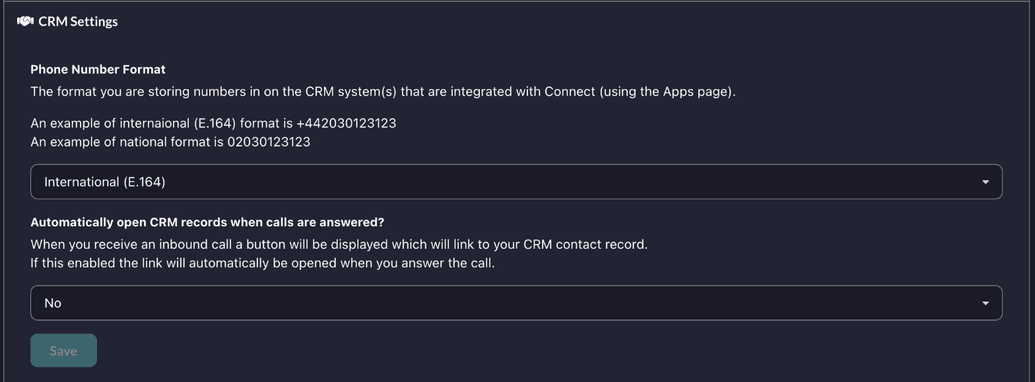 CRM Settings in Connect