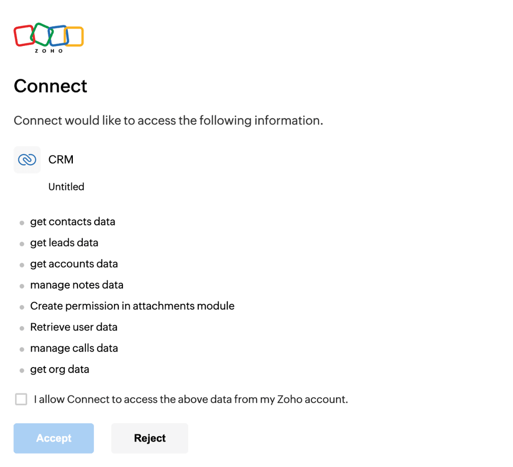 The Zoho permissions screen listing the access Connect asks for